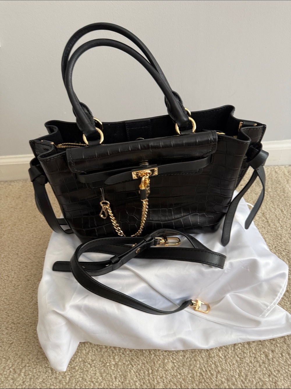Michael Kors Black Croc-Embossed Satchel with Gold Hardware